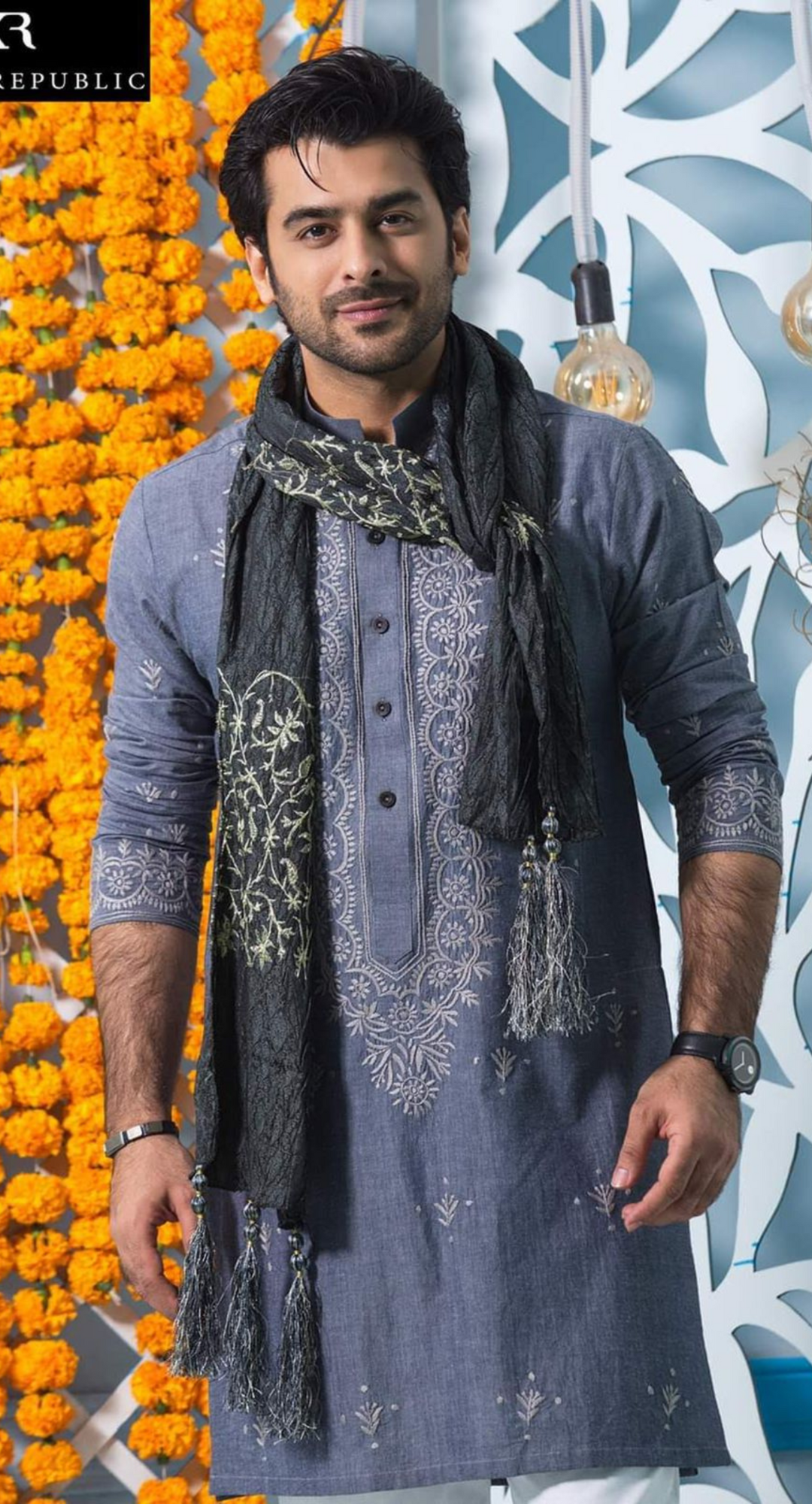 Grey Chambray Kurta Embroidered