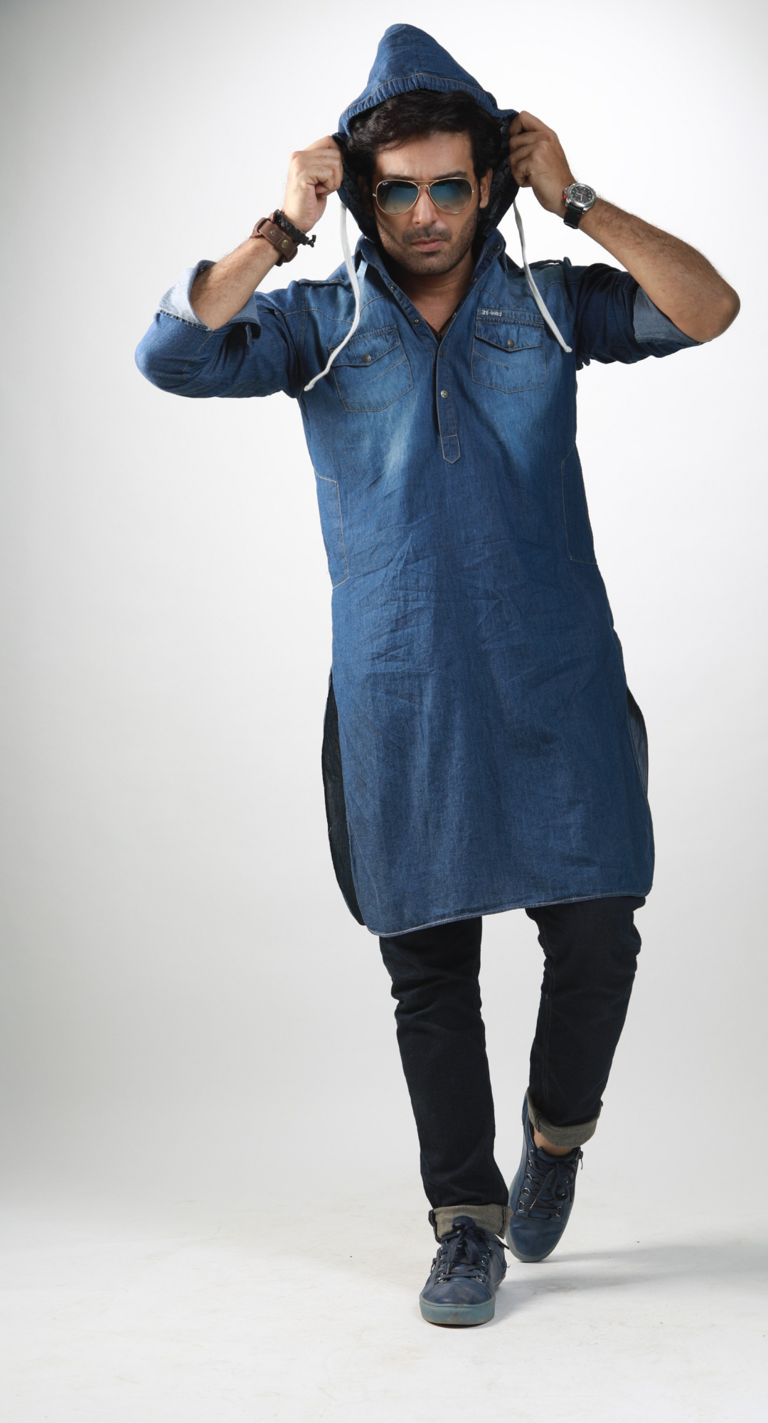 KR-0092 Denim Kurta with a detachable hoodie