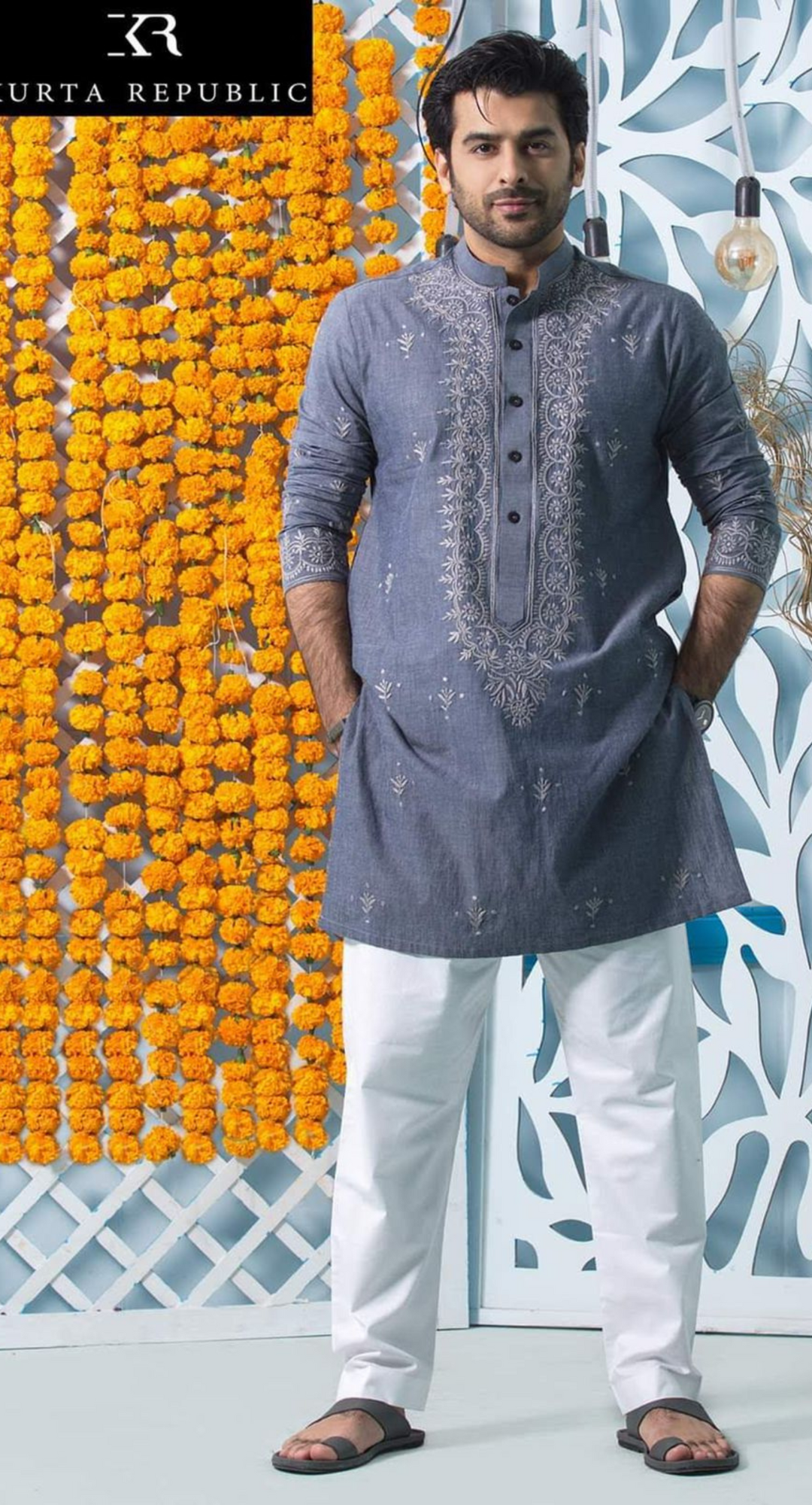 Grey Chambray Kurta Embroidered